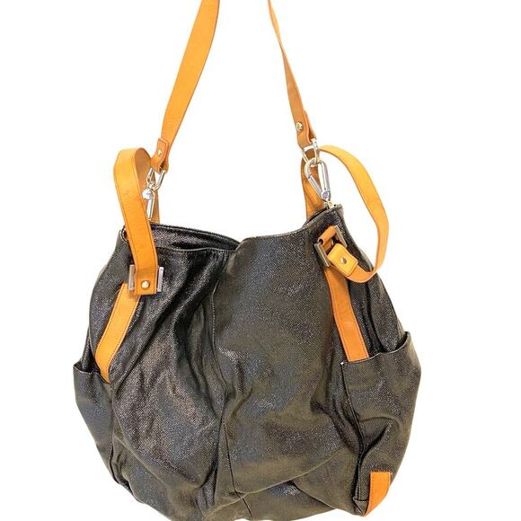 KennethCole NewYork Supple Brown Black Manmade Shoulder Tote Bag Large Boho Y2K - Picture 1 of 8